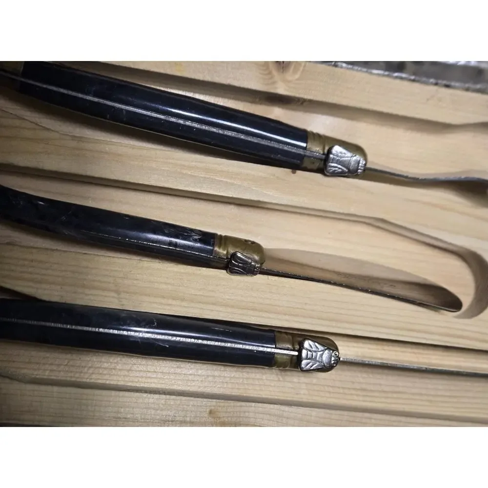 Jean Dubost Laguiole France 3 Pc Cheese Knife Set Black Handles Wood Tray